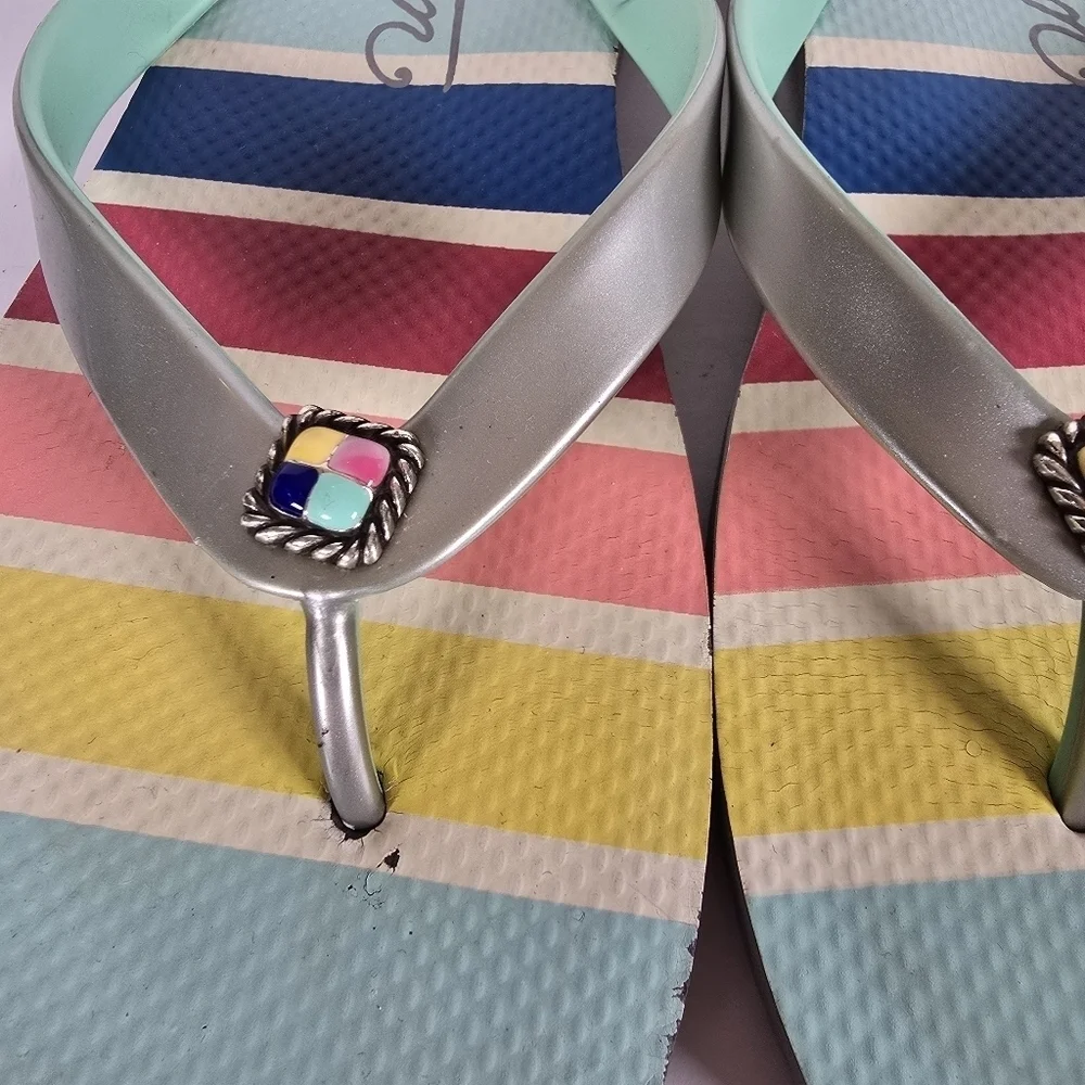 Brighton Colorful Striped Flip Flops With Gems On Top Of Sandals Size 10 Summer